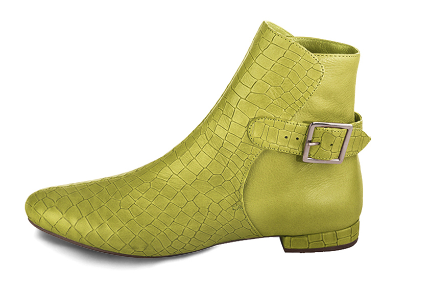 Pistachio green women's ankle boots with buckles at the back. Round toe. Flat block heels. Profile view - Florence KOOIJMAN